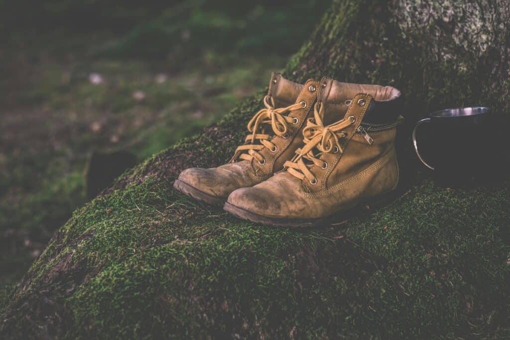 a pair of leather hiking boots