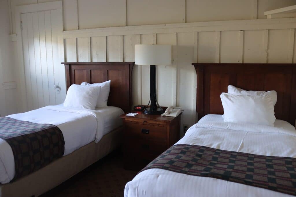 one of the rooms at the many glacier hotel