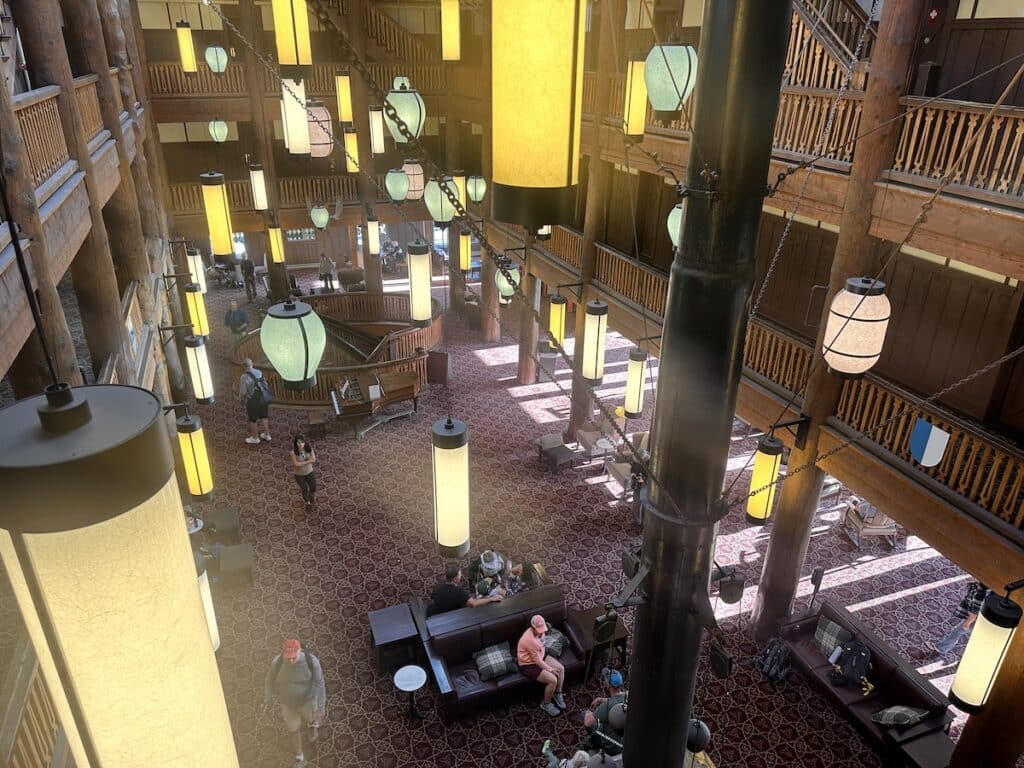 the lobby at the many glacier hotel